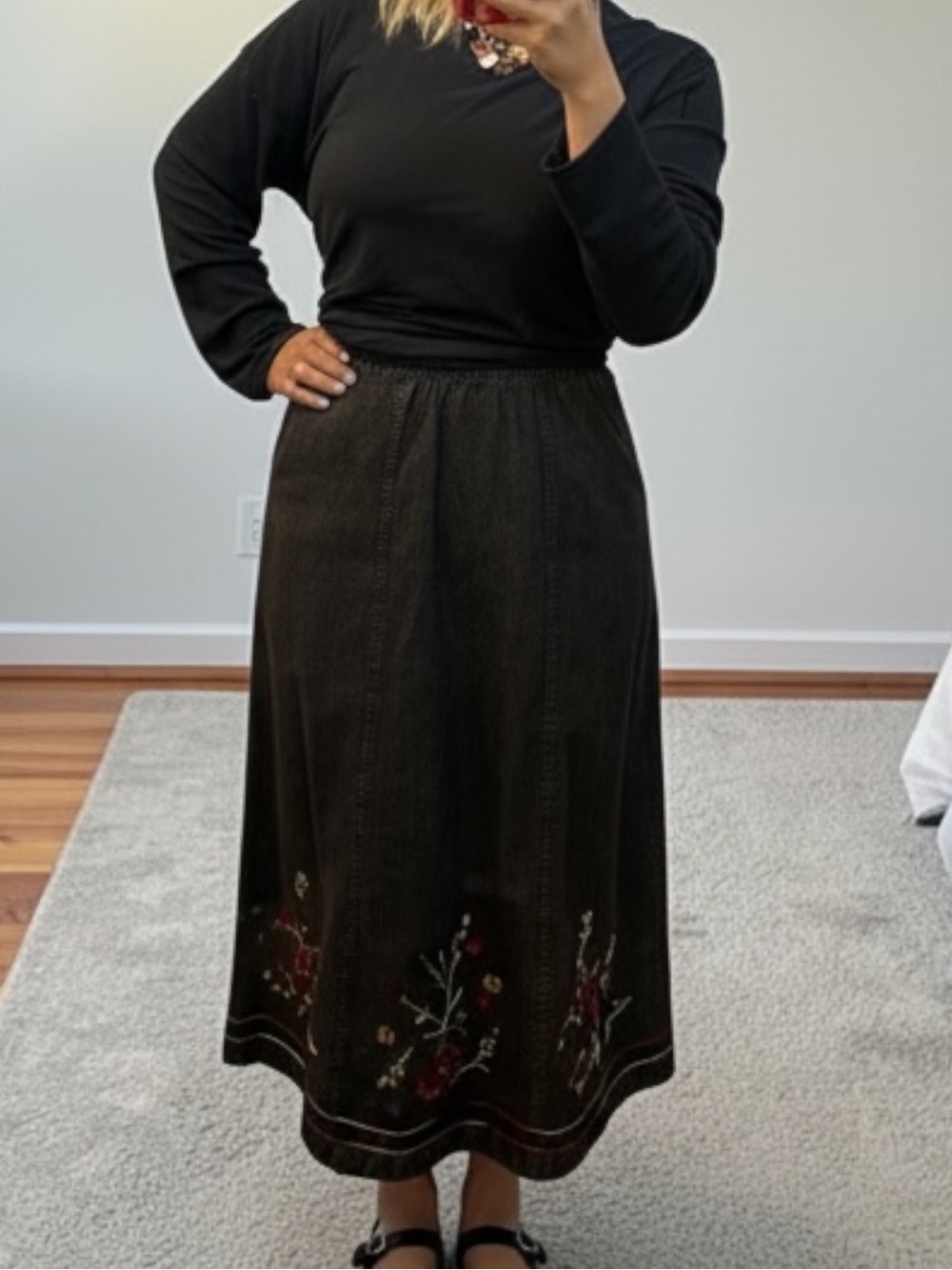 VTG Dark Denim Embroidered A-Line Maxi Skirt